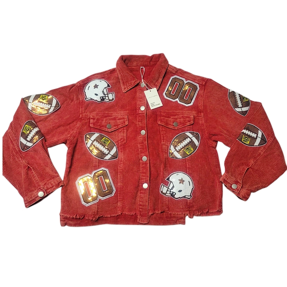 Football Jacket Loafawes Red Corduroy Sequined Frayed Cropped Gameday Womens S